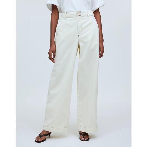 Madewell Button Tab Pants Wide Legs High Rise Denim Antique Cream NWT Size 10 - Picture 1 of 14
